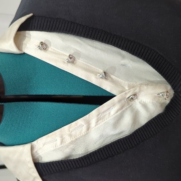 Adorable petite M sweater with attached silky 3/4 shirt with rhinestone buttons - Picture 2 of 4